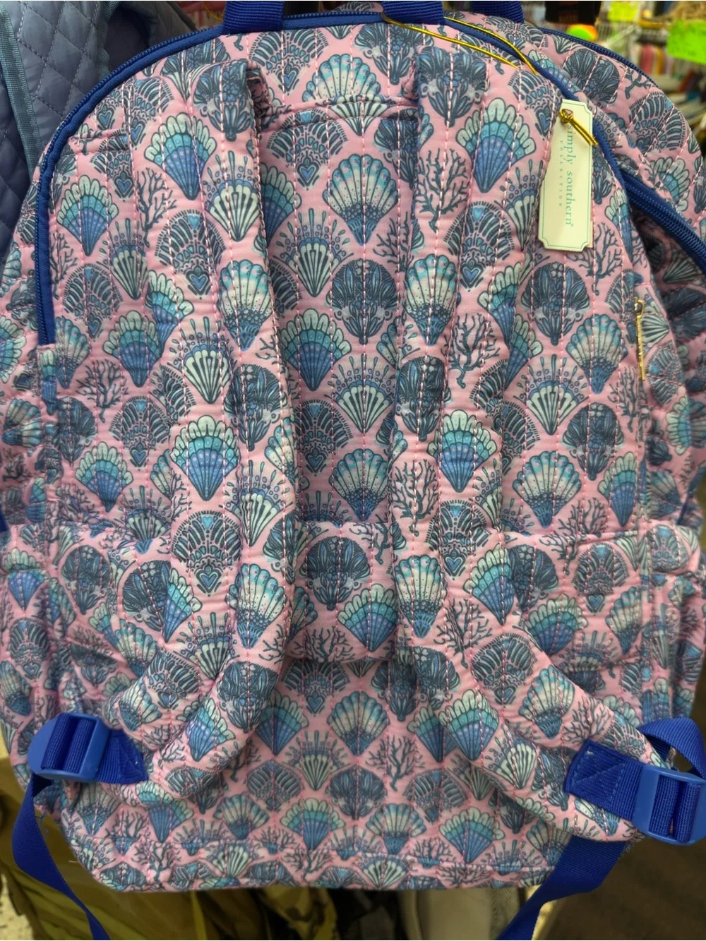 Simply Southern Pink Seashell Quilted Backpack with Blue Accents